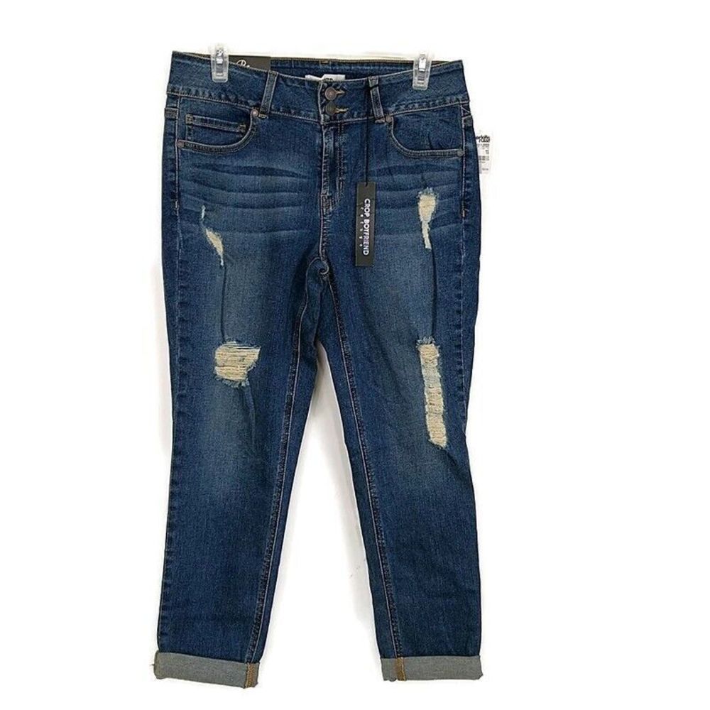 NWT Refuge Womens sz 10 Jeans Blue Denim Dark Wash Faded Distress Crop Boyfriend